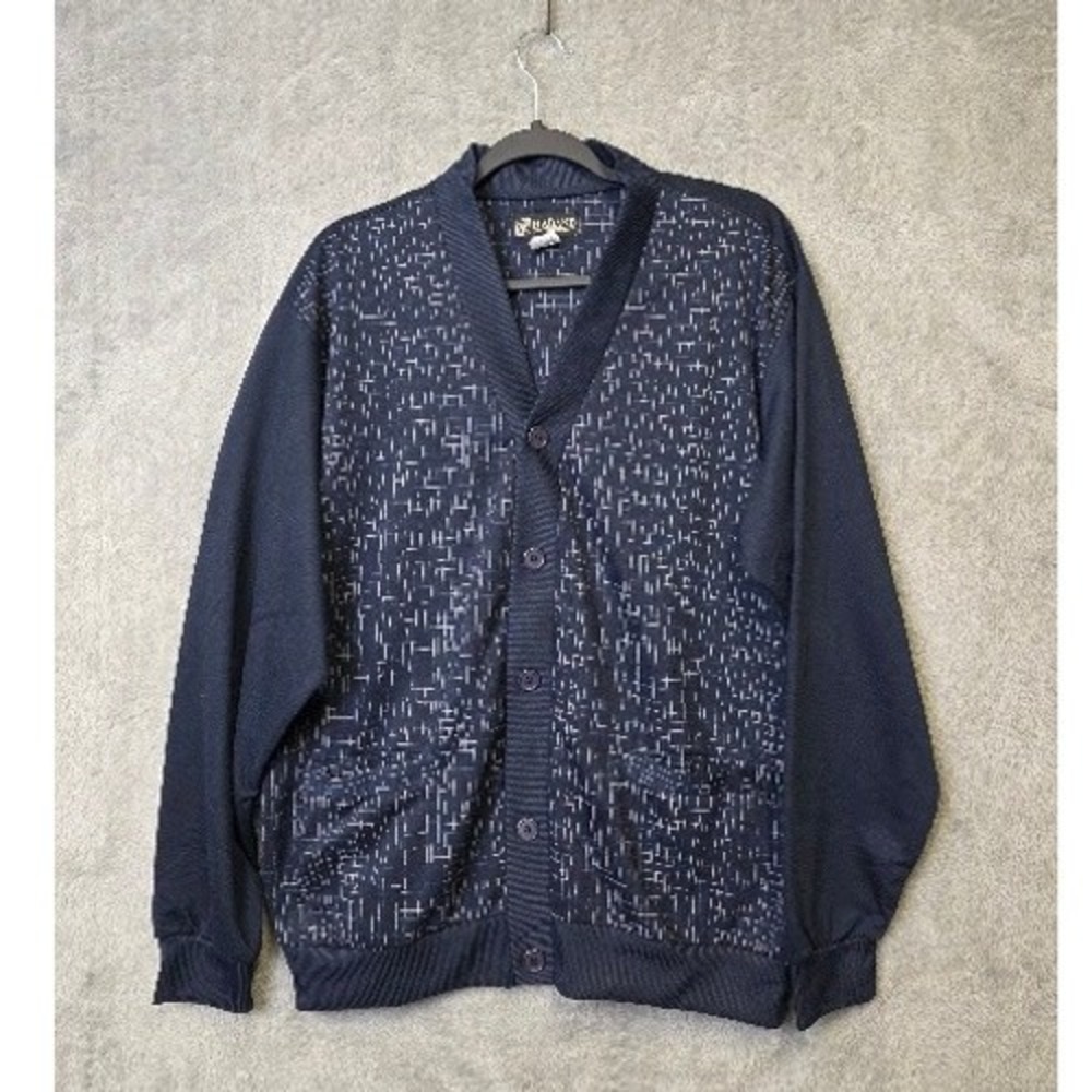Haband Men's Cardigan Size M Navy Blue Patterned Button Front Retro Grandpa Styl